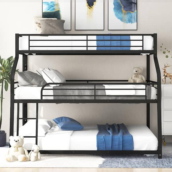 Black Twin XL / Full XL / Queen Size Triple Bunk Bed with Long and Short Ladder