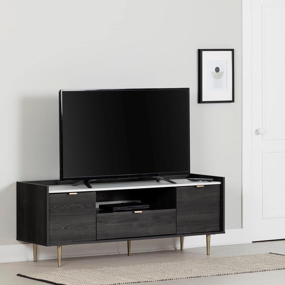 Gray Oak and Faux Carrara Marble TV Stand with Storage Cabinets