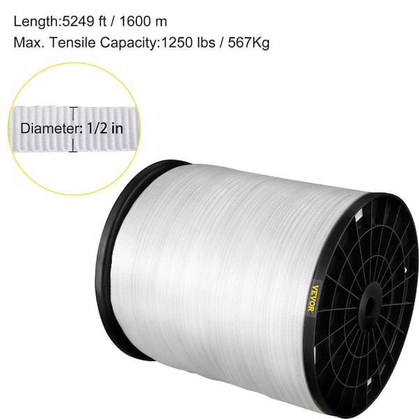 VEVOR 528 ft. x 1/2 in. Polyester Pull Tape 1250 lbs. Tensile Capacity Flat Tape for Pulling Loading Packing, White