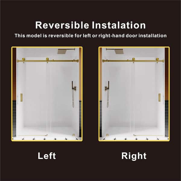UKS05 61 to 65 in. W x 76 in. H Sliding Frameless Shower Door in Satin Brass, EnduroShield 3/8 in. SGCC Clear Glass