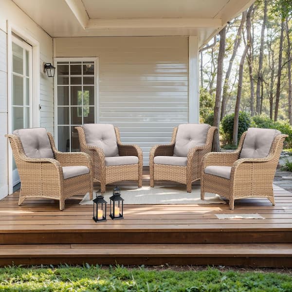 Curved Arm Patio Yellow Wicker Outdoor Lounge Chair with Beige Olefin Cushions and Curved Armrest (4-Piece)