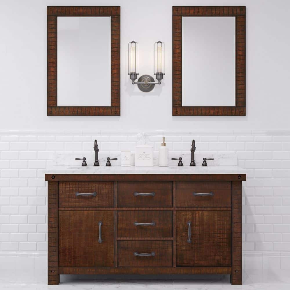 Aberdeen 60 in. W x 22 in. D Vanity in Rustic Sienna with Marble Vanity Top in White with White Basin and Mirror price history on PriceWatchPro