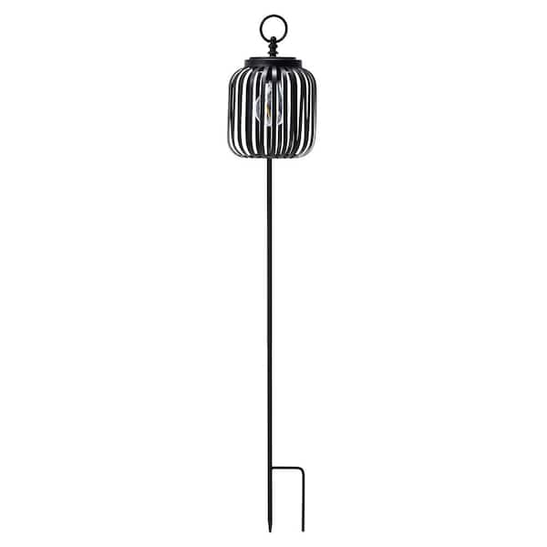 33 in. H Black Metal Stripes Solar Powered Outdoor Lantern with Edison Bulb and Stake
