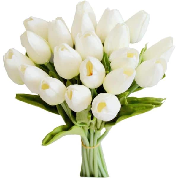 13.5 in Artificial Tulips 20 Stems White PU Faux Flowers