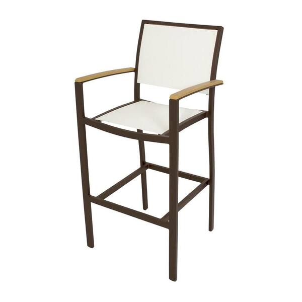 POLYWOOD Bayline Textured Bronze All-Weather Aluminum/Plastic Outdoor Bar Arm Chair in White Sling