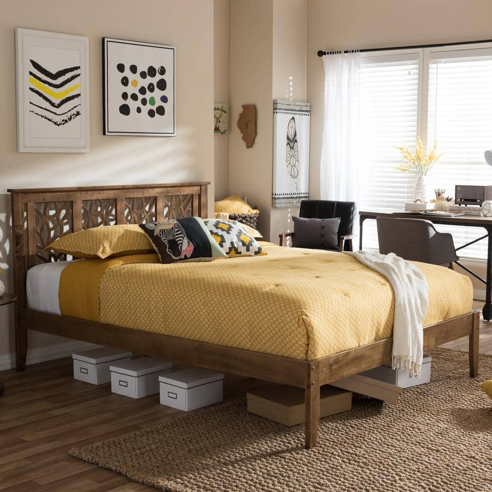 Trina Queen-Size Walnut Wood Platform Bed with Tree Branch Inspired Headboard