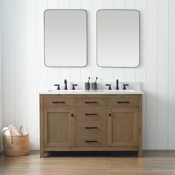 SUDIO Jasper 54 in. W x 22 in. D x 34 in. H Bath Vanity in Textured Natural with Carrara White Engineered Stone Top with Sinks