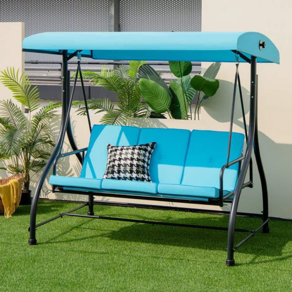 Sky Blue 3-Seat Outdoor Swing with Adjustable Canopy