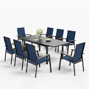 Black 9-Piece Metal Outdoor Patio Dining Set with Extendable Table and Stackable Aluminum Chairs