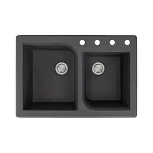 Radius Drop-in Granite 33 in. 4-Hole 1-3/4 Offset Double Bowl Kitchen Sink in Black