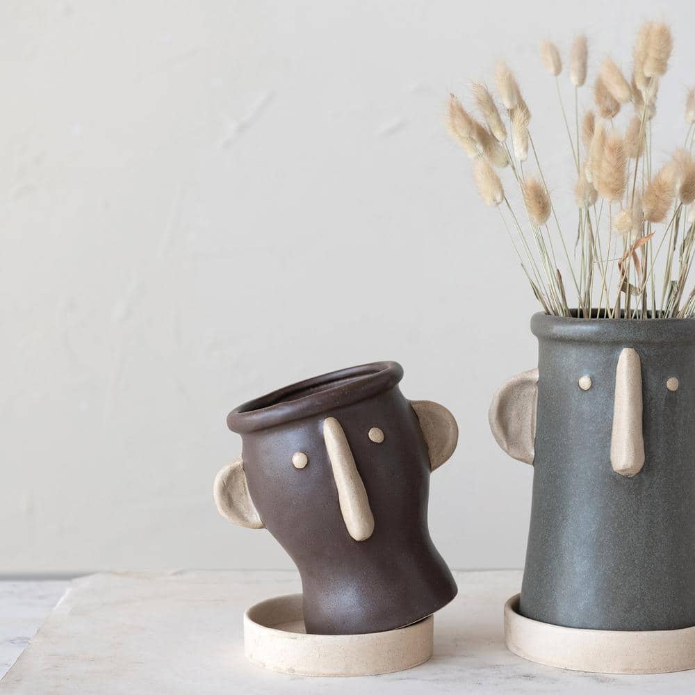 Matte Black and Cream Stoneware Face Planter with Saucer