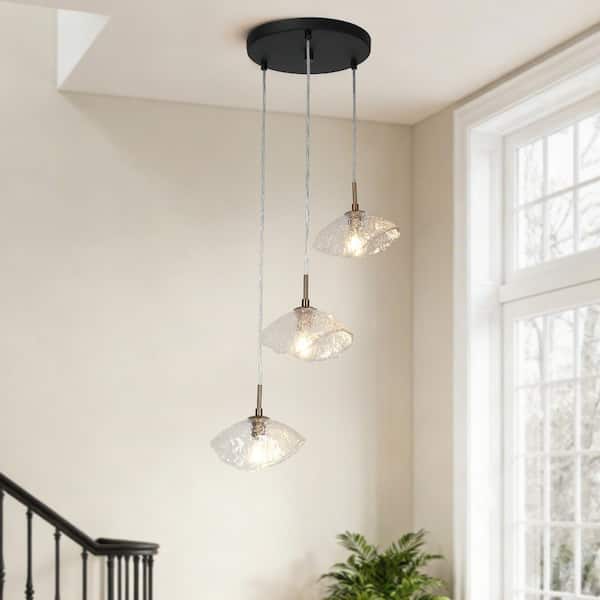 Modern 3-Light Plated Brass Foyer Cluster Chandelier with Textured Glass Matte Black Entryway Living Room Hanging Light