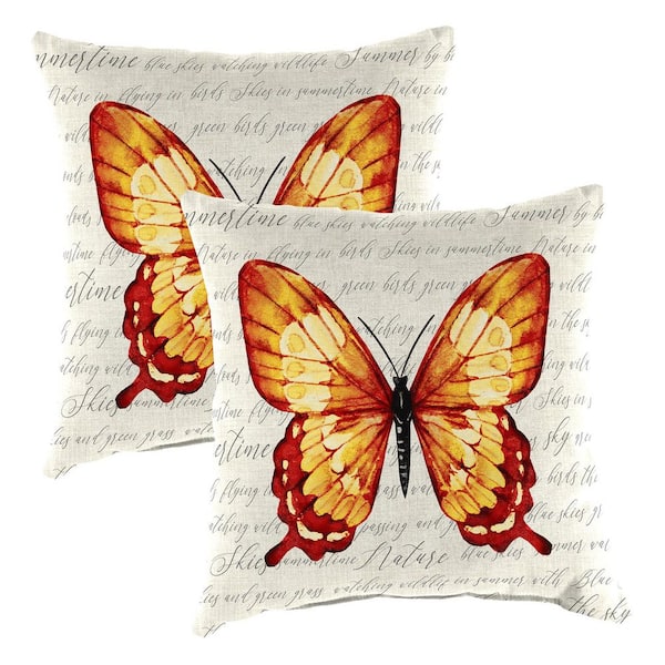Jordan Manufacturing 16 in. L x 16 in. W x 4 in. T Square Outdoor Throw Pillow in Cream Butterfly (2-Pack)