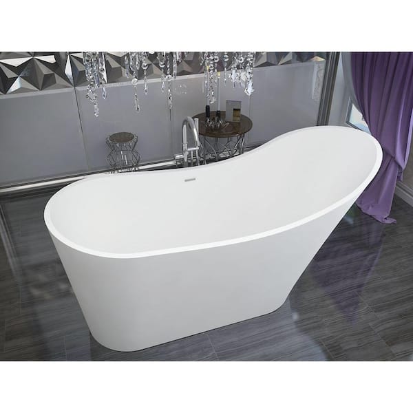 Tuasavi Series 68 in. x 29 in. Flat Bottom Solid Surface Freestanding Soaking Bathtub with Center Drain in Matte White