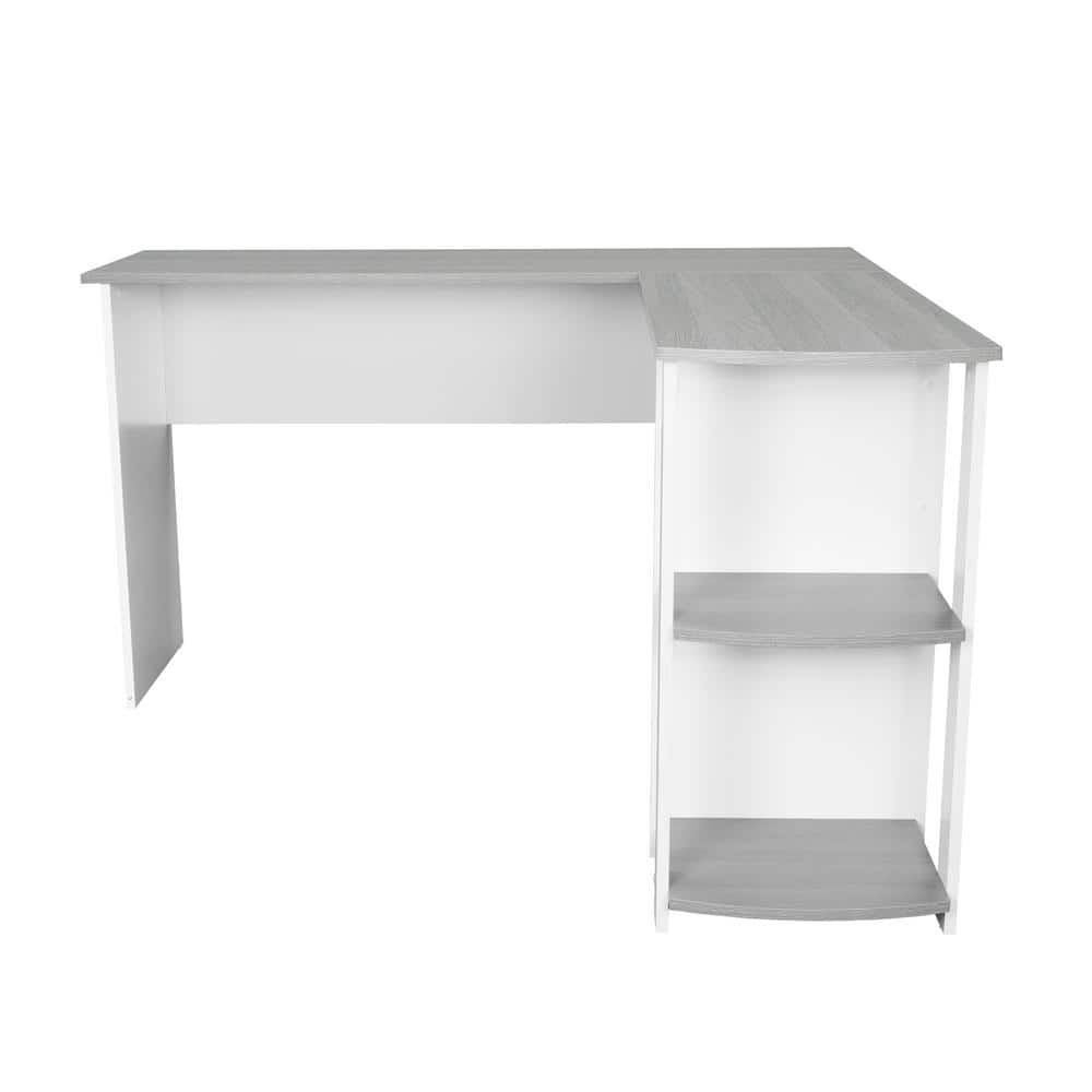 Modern Gray L-Shaped Home Office Desk with Side Storage Shelves