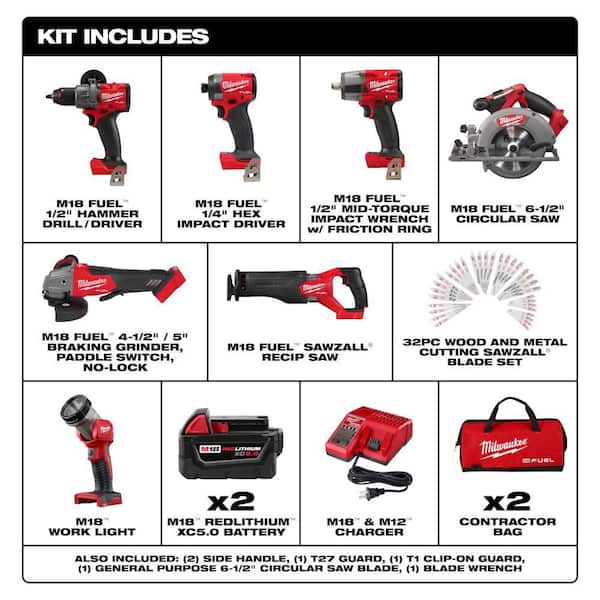 M18 FUEL 18V Brushless Cordless 7-Tool Combo Kit w/ (2) 5. 0Ah Batteries, Charger, 2 Bags with SAWZALL 32-Pc Blade Set