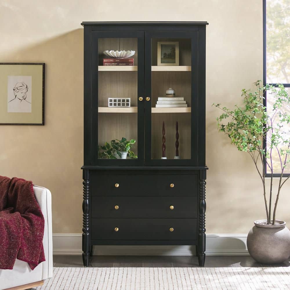73 in. Tall Black MDF Turned Woods Spindle Glass Cabinet Bookcase with Drawer Storage