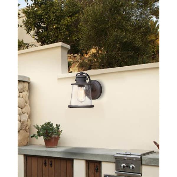 1-Light Dark Bronze Hardwired Outdoor Wall Lantern Sconce with Seeded Glass