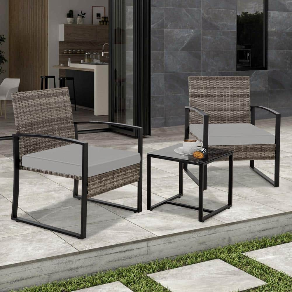 3-Piece Grey Rattan Wicker Patio Outdoor Bistro Set with 2 Chairs, 1 ...