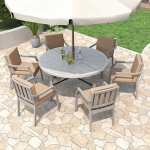 Antique Gray 7-Piece Wood Outdoor Dining Set with an Umbrella Hole and Light Brown Cushions for Patio, Backyard, Garden