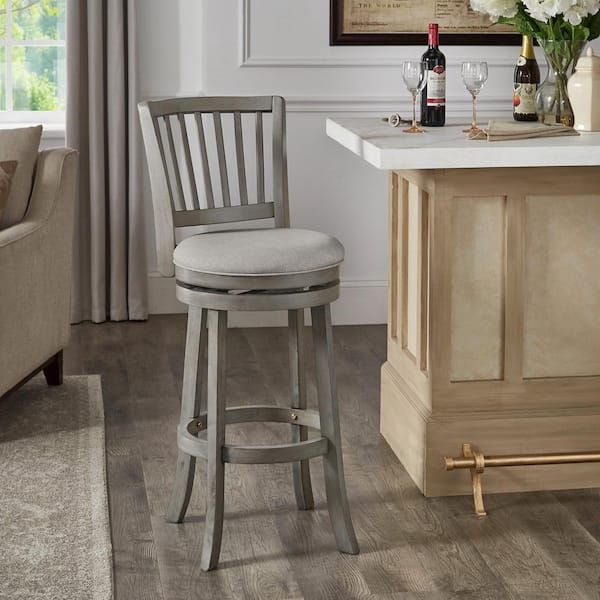 HomeSullivan 29.96 in. Antique Gray Finish Wood Frame Grey Linen Slat Back Swivel Bar Height Chair