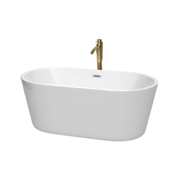 Wyndham Collection Carissa 60 in. Acrylic Flatbottom Bathtub in White with Polished Chrome Trim and Brushed Gold Faucet