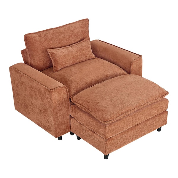 WONDER COMFORT Oversized Orange Chenille Soft Single Sofa Arm Chair with Ottoman and 1-Lumbar Pillow for Bedroom and Living room