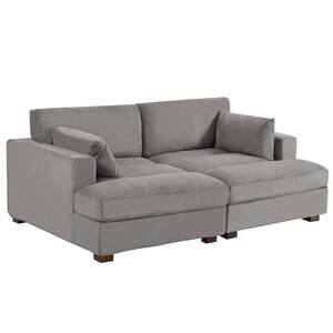 83.9 in. Modern Square Arm Corduroy Fabric Upholstered Sectional Sofa in Light Gray with 2-Pillows and Wood Leg