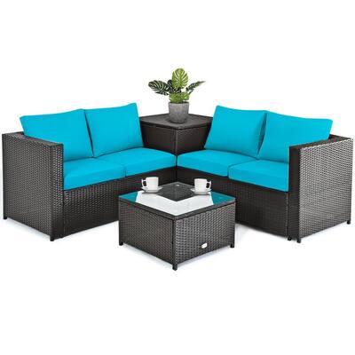 4-Piece Rattan Wicker Patio Conversation Set with CushionGuard Turquoise Cushions and Storage Box