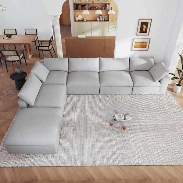 Cloud 118 in. Modular Khaki Linen Down Filled Queen Size 5-Seat Sleeper Sofa Bed with Storage Ottoman, Removable Covers