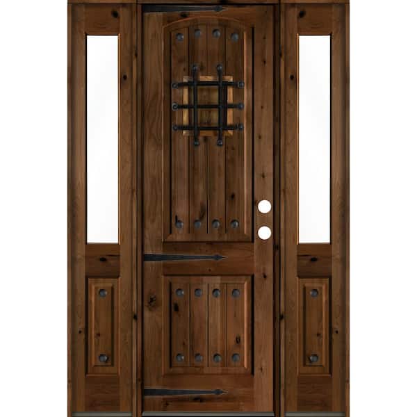 Krosswood Doors 60 in. x 96 in. Mediterranean Knotty Alder Left-Hand/Inswing Clear Glass Provincial Stain Wood Prehung Front Door w/DHSL