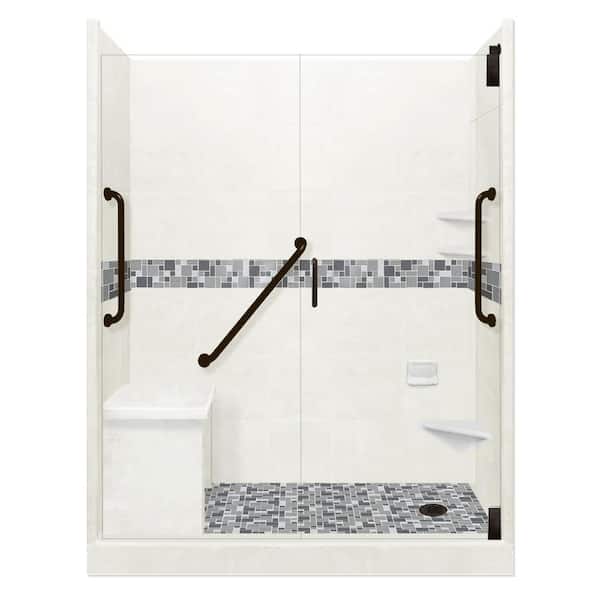 American Bath Factory Newport Freedom Grand Hinged 30 in. x 60 in. x 80 in. Right Drain Alcove Shower Kit in Natural Buff and Black Pipe