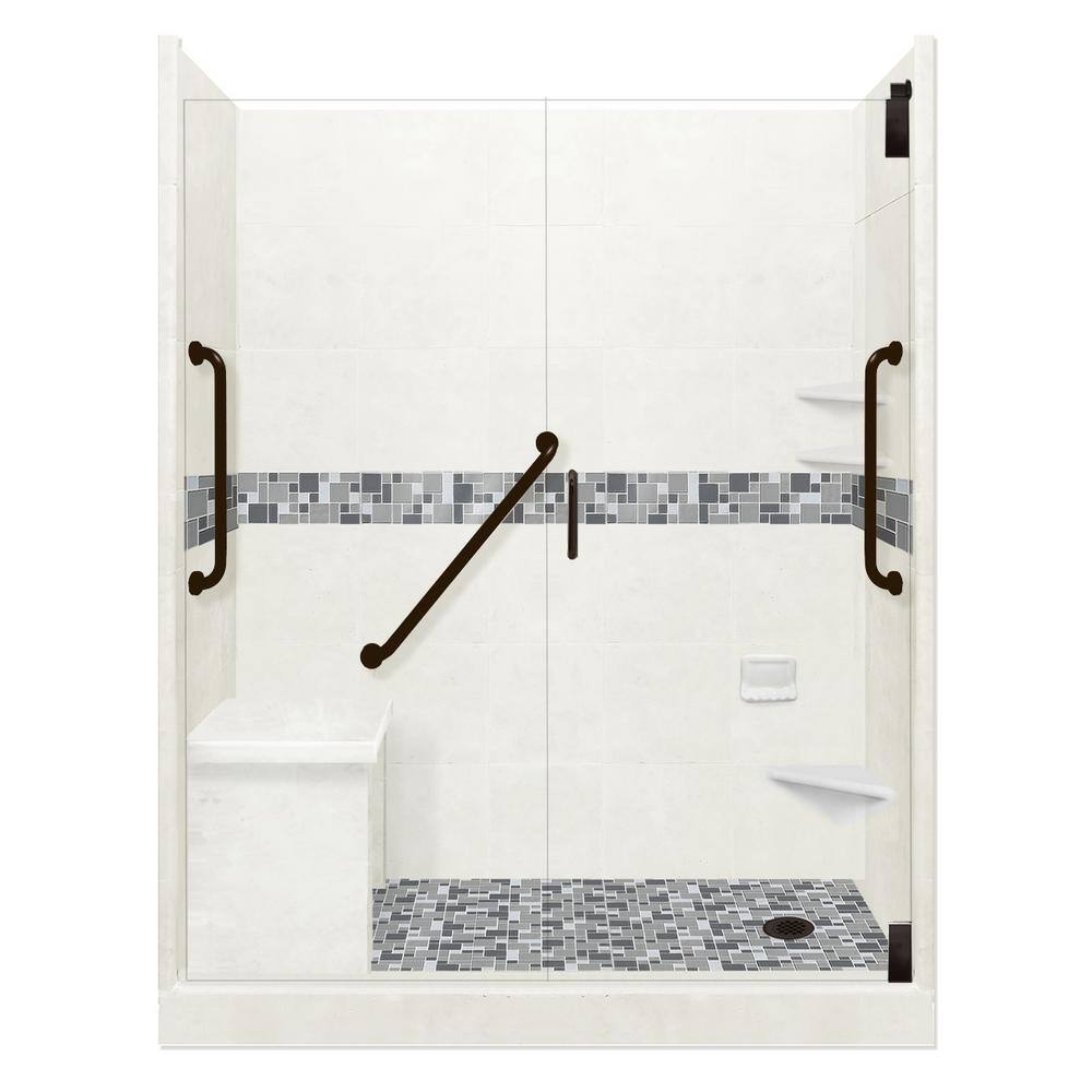 Newport Freedom Grand Hinged 34 in. x 60 in. x 80 in. Right Drain Alcove Shower Kit in Natural Buff and Black Pipe price history on PriceWatchPro