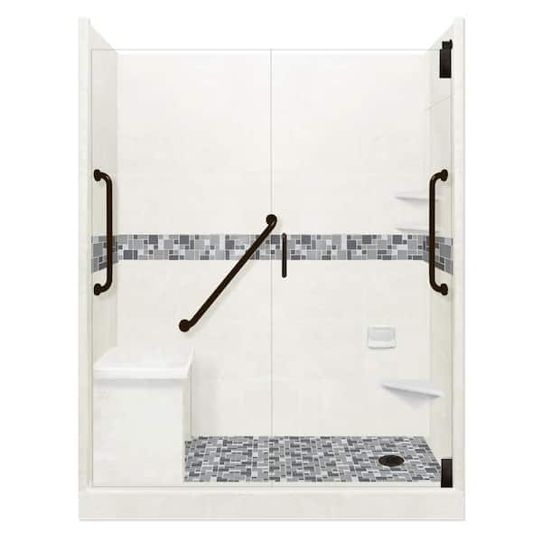 American Bath Factory Newport Freedom Grand Hinged 34 in. x 60 in. x 80 in. Right Drain Alcove Shower Kit in Natural Buff and Black Pipe