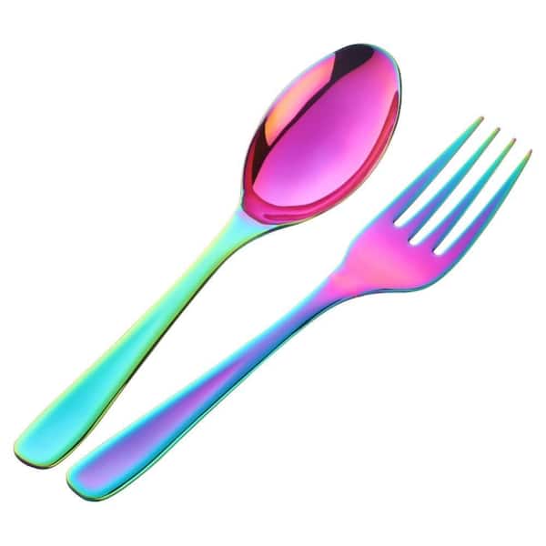 2-Piece 10 in Rainbow Stainless Steel Salad Server Set with Spoon and Fork Utensils for Serving Set,
