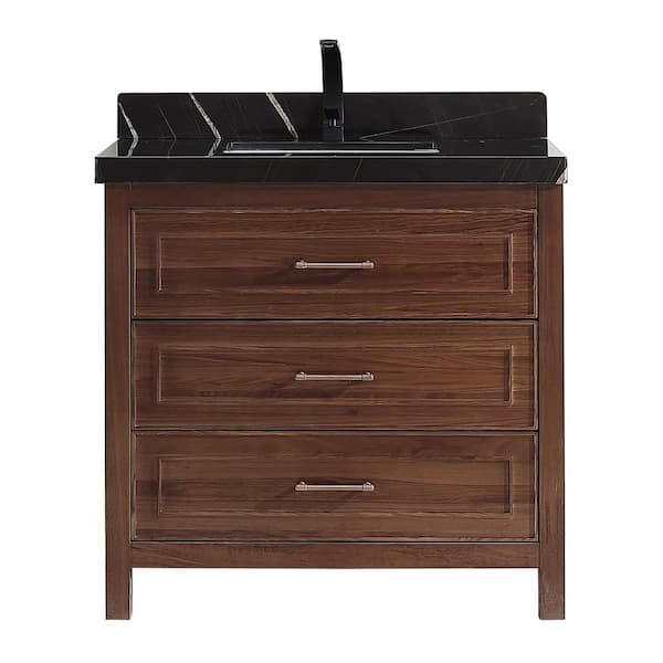 Luxury Ebony Series 36 in. 1 Freestanding Dark Brown Finish Bath Vanity with 2 in. Black Natural Marble Top Assembled