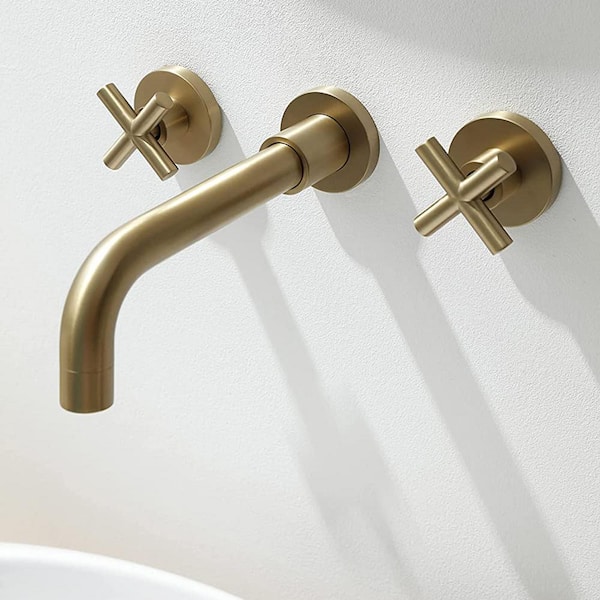 2-Handle Wall Mount Bathroom Faucet with Cross Handles in Brushed