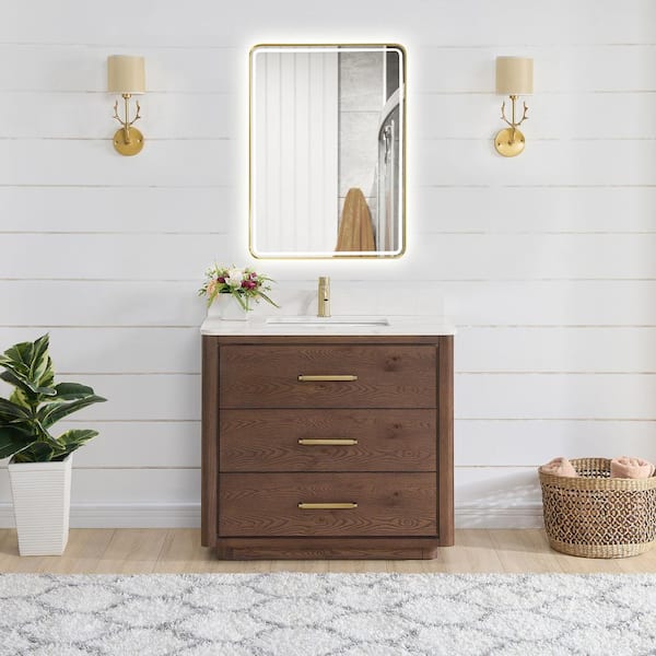 ROSWELL Porto 36 in. W x 22 in. D x 33.8 in. H Single Sink Bath Vanity in Dark Brown with White Quartz Stone Top