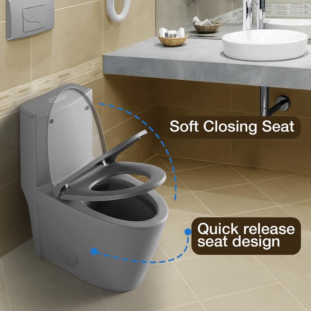 Light Gray Ceramic Dual-Flush Elongated One-Piece Toilet