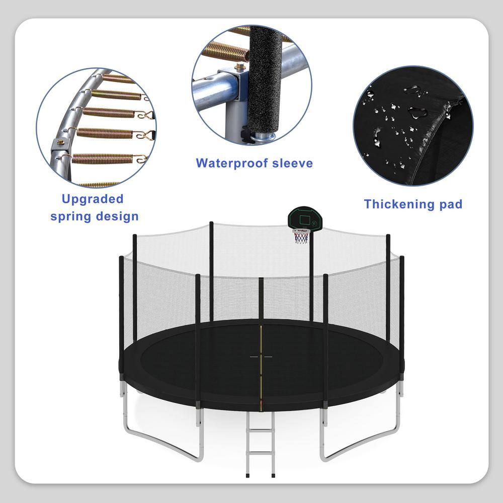 14FT Black Round Trampoline with Safety Enclosure and Basketball Hoop