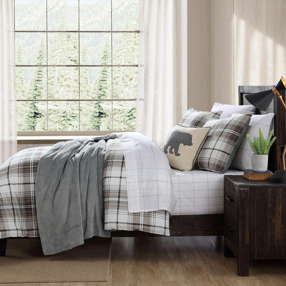Queen Gray and Red Plaid Cotton Duvet Cover Set