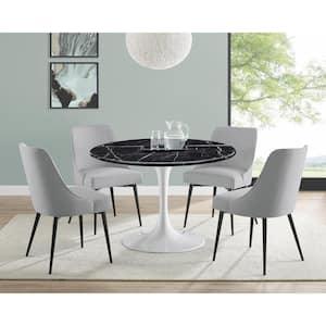 Colfax 45 in. Round Black Marble Table with White Base and 4 Stone Upholstered Chairs