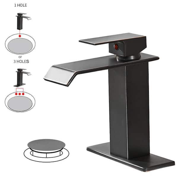 BWE Waterfall Single-Handle Single-Hole Low-Arc Bathroom Faucet with Pop-up Drain Assembly in Oil Rubbed Bronze