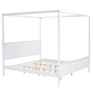 79.5 in. W Modern White King Size Canopy Platform Bed with Raised Panel Design Headboard and Footboard, Slat Support Leg