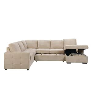123 in. U Shaped Polyester Sectional Sofa in Beige with Pull-Out Bed, Storage Chaise and 4 Throw Pillows