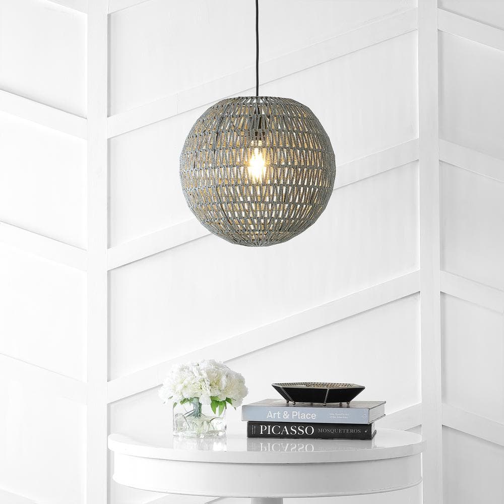 Luna 15.75" Gray Woven Rattan LED Pendant Light