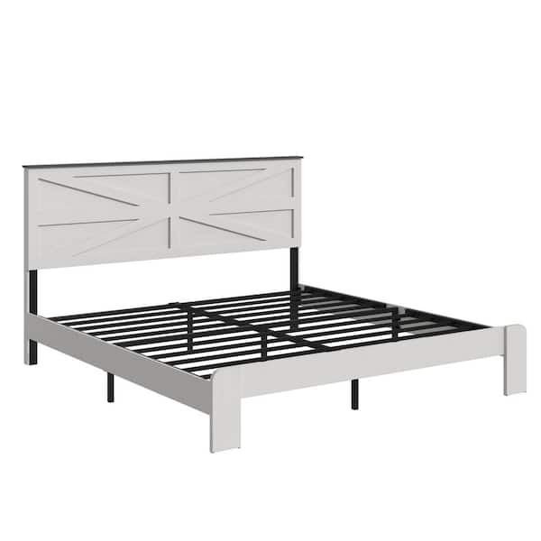 White Metal & Wood Frame Queen Panel Bed with Storage & No Box Spring Needed & Noise Free & Easy Assembly & Headboard