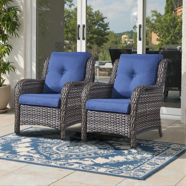 Gray Wicker Outdoor Patio Lounge Chair with CushionGuard Blue Cushions (2-Pack)