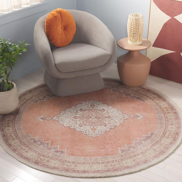 Classic Vintage 6 ft. x 6 ft. Ivory/Light Rust Faded Medallion Border Round Area Rug