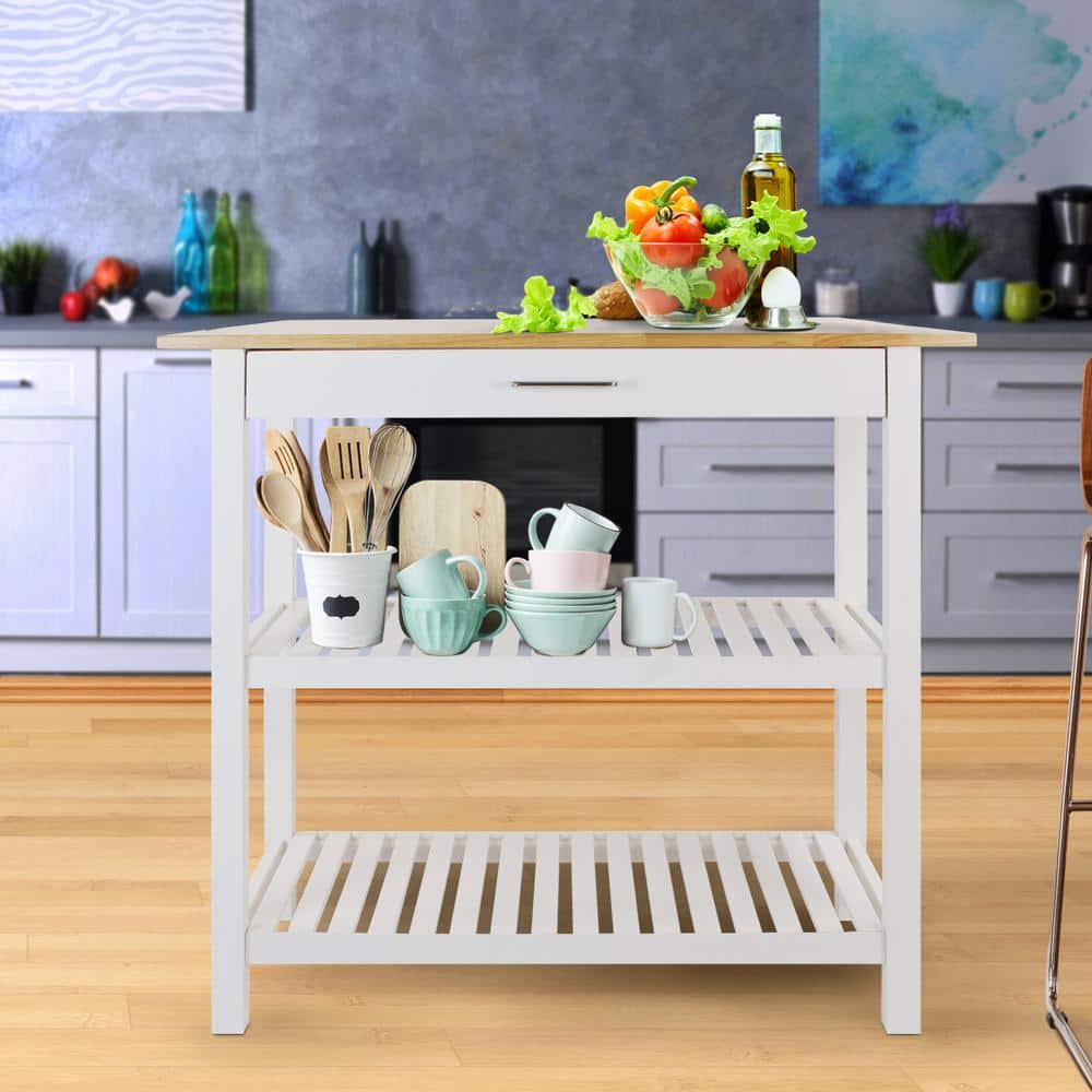 Sophisticated White Solid Wood Top Kitchen Island with Storage